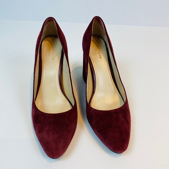 Cole Haan Alanna II Burgundy Suede Chunky Pumps - Picture 2 of 8
